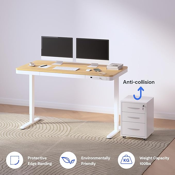 FLEXISPOT 55" Electric Standing Desk with Drawers, Quick Assembly Home Office Sit Stand Desk with Storage, USB Charging, Computer Desk for Home Office (Maple Top + White Adjustable Frame, Comhar)
