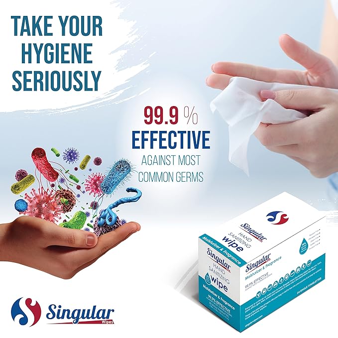 Hand Sanitizing Wipes Travel Size by Singular Wipes – 24ct Individually Wrapped | Fresh Citrus Scent, Moisturizing, 70% Alcohol Wipes | Travel, Office, School, Home | Made in USA