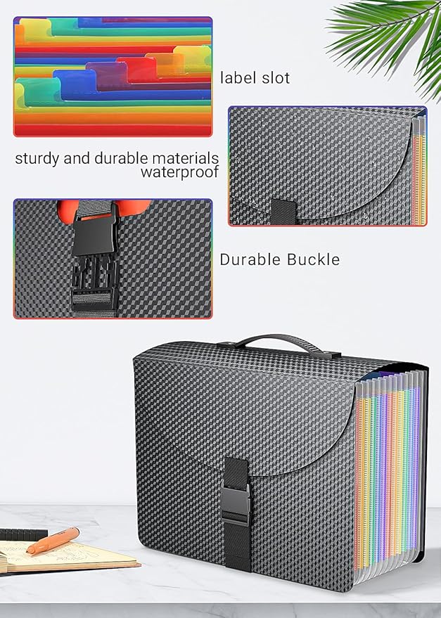 Expanding File Folders,Accordion File Organizer with Handle,13 Pockets Expandable Filing Folders,Tabs Included Filing Box,Adjustable Strap,Bill Documents Organizer,A4/Letter Size,Diamond