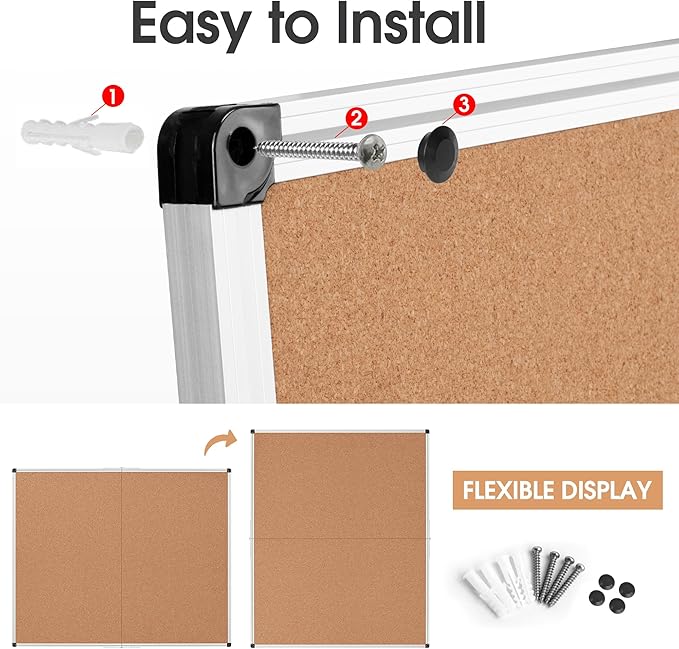 Board2by Extra Large Cork Bulletin Board 48" X 48", Foldable Notice Pin Board for Wall, Silver Aluminum Framed 4'x4' Corkboard, Wall Mounted Noticeboard with 36 Push Pins for School, Home & Office