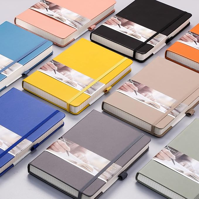 EMSHOI College Ruled Notebook-120gsm Thick Paper, 256 Numbered Pages Lined Journal for Women, 16 Perforated Pages, Faux Leather Hardcover, Inner Pocket, Pen Holder, A5 Medium 5.75" x 8.38"-Pink