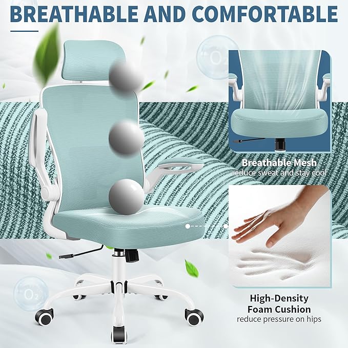 FelixKing Ergonomic Office Chair, Headrest Desk Chair Office Chair with Adjustable Lumbar Support, Home Office Swivel Task Chair with High Back and Armrest, Adjustable Height Gaming Chair(Light Blue)