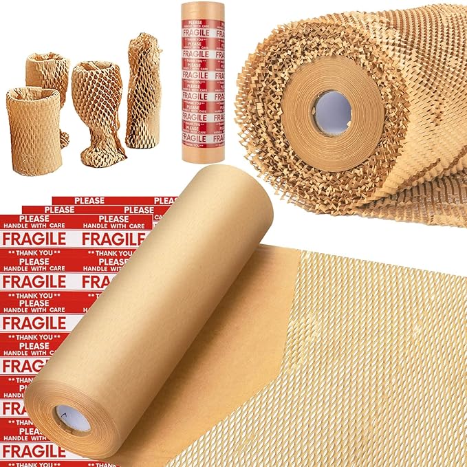 Honeycomb Packing Paper, MINHAO 15"x100' Eco Friendly Packing Paper for Moving Recyclable Honeycomb Paper Moving Supplies Bubble Paper Wrapping Protective Roll, With 36 Fragile Sticker Labels