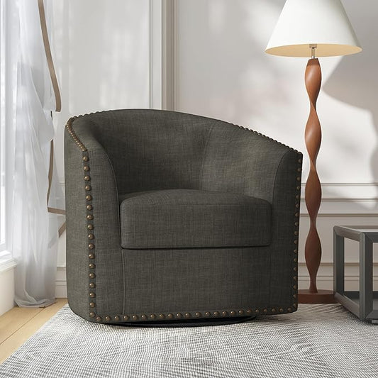 UIXE 360° Swivel Barrel Accent Chair, Modern Upholstered Arm Chair Round Club Armchair, Nailhead Trim Single Sofa Seating in Fabric for Living Room - Gray