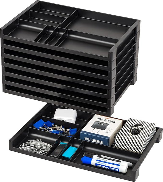 IRIS USA 14" x 10" Stacking Desktop Organizer Tray with Built-In Divider, 8 Pack, Plastic Storage Container for Stationery Art Craft Supplies Office Desk Drawer and Small Business Organization, Black