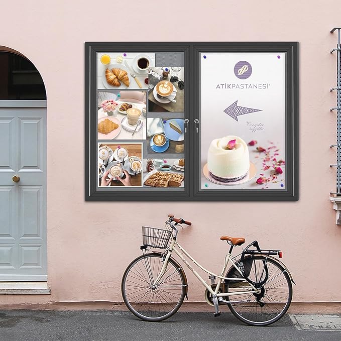 Enclosed Bulletin Board Lockable,Double-Door Weatherproof Outdoor Noticeboard with Locking Door, Wall-Mounted Aluminum Framed Presentation Board, 44x32 Inch (8xA4)