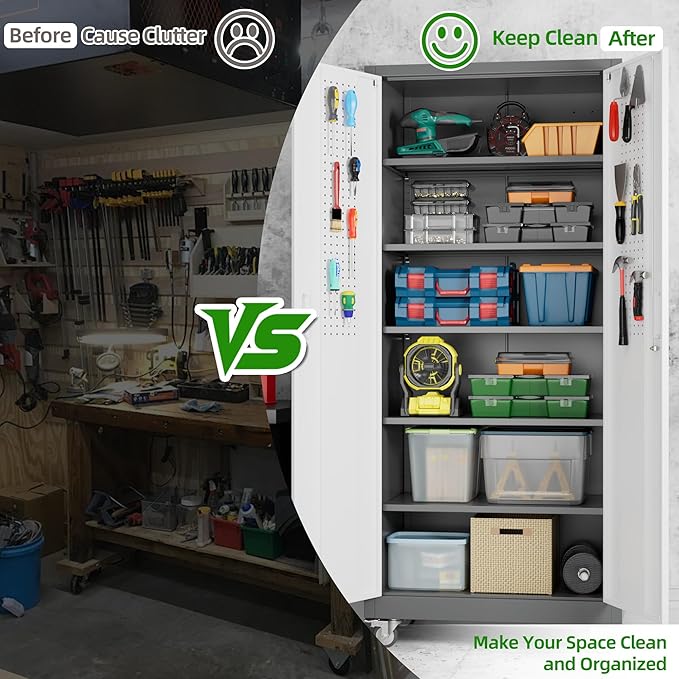 Aobabo Upgraded Garage Storage Cabinets with Wheels,Metal Storage Cabinets with 5 Adjustable Shelves for Garage Home Office Storage, Grey&White,71''H*32''W*16''D,Assembly Required