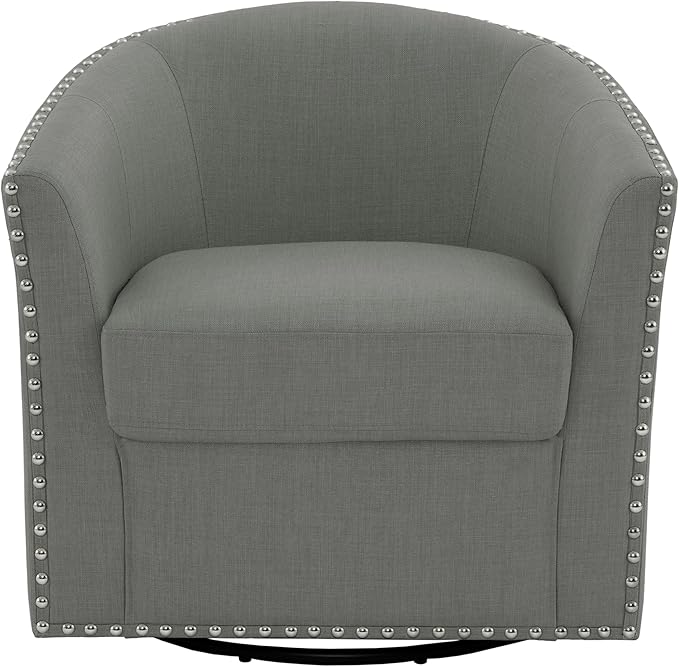 UIXE 360° Swivel Barrel Accent Chair, Modern Upholstered Arm Chair Round Club Armchair, Nailhead Trim Single Sofa Seating in Fabric for Living Room - Light Gray