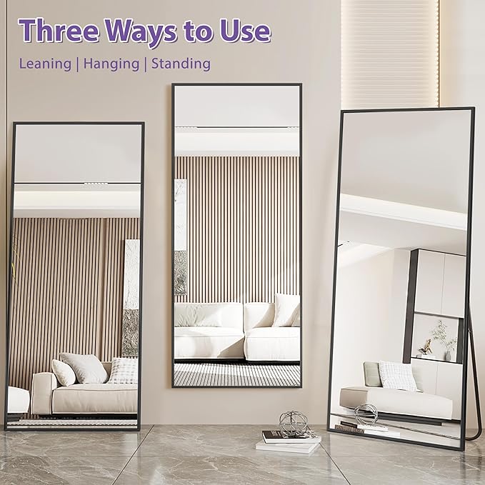 Full Length Mirror, 71"x26" Oversized Floor Mirror Freestanding, Full Body Mirror Floor Standing Mirrors with Stand, Hanging Mounted Mirrors for Bedroom Living Room, Black, Rect Style