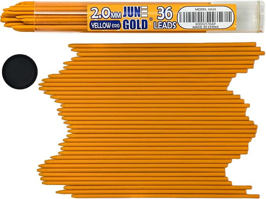 June Gold 36 Yellow (Marigold #121) Colored 2.0 mm Lead Refills, Bold Thickness for Heavy Use, Break Resistant with a Convenient Dispenser