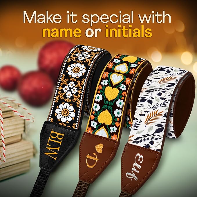 Art Tribute Personalized Camera Strap Brown White Flowers - Image 2
