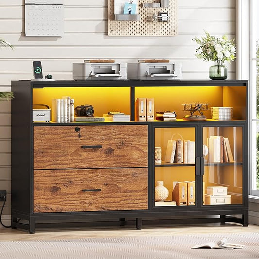SEDETA 59" File Cabinet, 2 Drawers Filing Cabinets for Home Office fit Legal/Letter/A4 File, File Cabinet with Lock & Power Outlets, Printer Stand with Storage & LED Lights, Rustic Brown