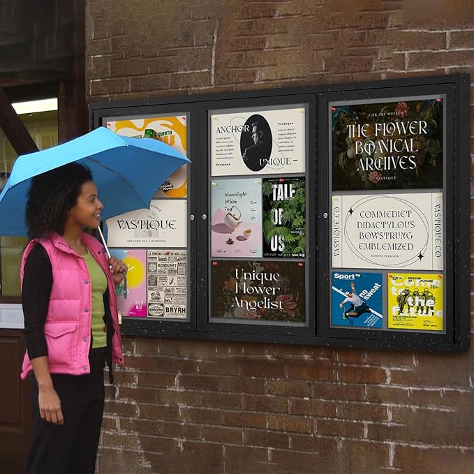 SWANCROWN Outdoor Bulletin Board 70x36in, Enclosed Bulletin Board with Locking Door for Office School Commerce, Grey Felt, Black Aluminum Frame