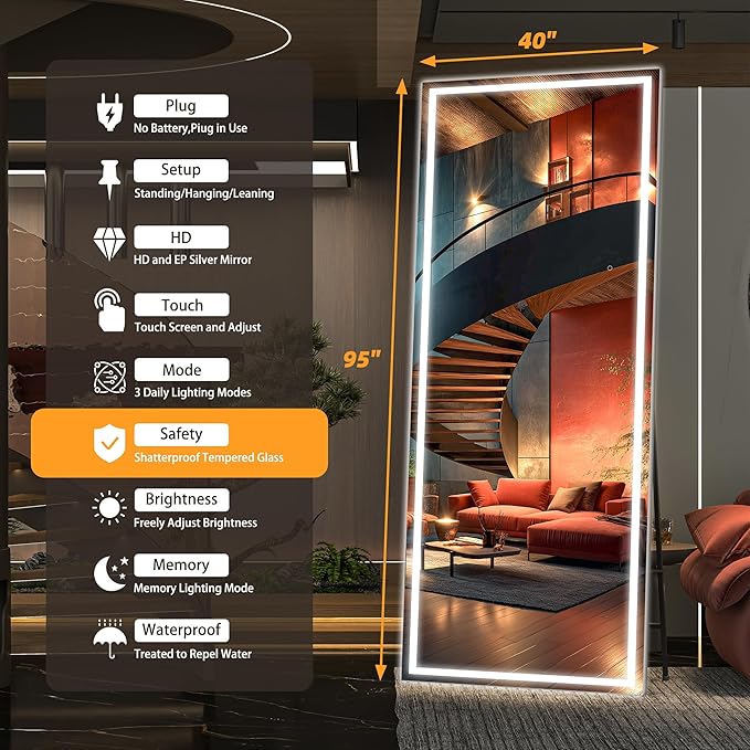 Hasipu Full Length Mirror with Lights, 95" x 40" LED Lighted Floor Standing Mirror, Full Body Dressing Hanging Mounted Mirrors, Dimmable, Tempered Glass, Safe to Use, Square Black