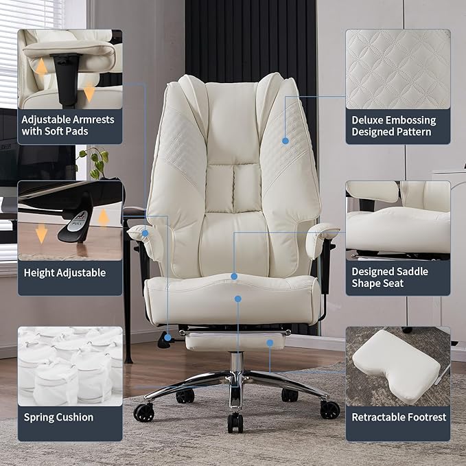 Big and Tall Office Chair 400lbs Wide Seat, Leather High Back Executive Office Chairs with Foot Rest, Ergonomic Lumbar Support for Lower Back Pain Relief (White)