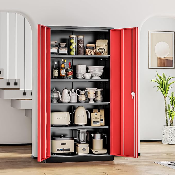 INTERGREAT Metal Lockable Storage Cabinet, 72” H Storage Cabinet with 2 Doors and 4 Adjustable Shelves for Office, Home, Garage, Pantry (Assembly Required, 18”D, Black Red)