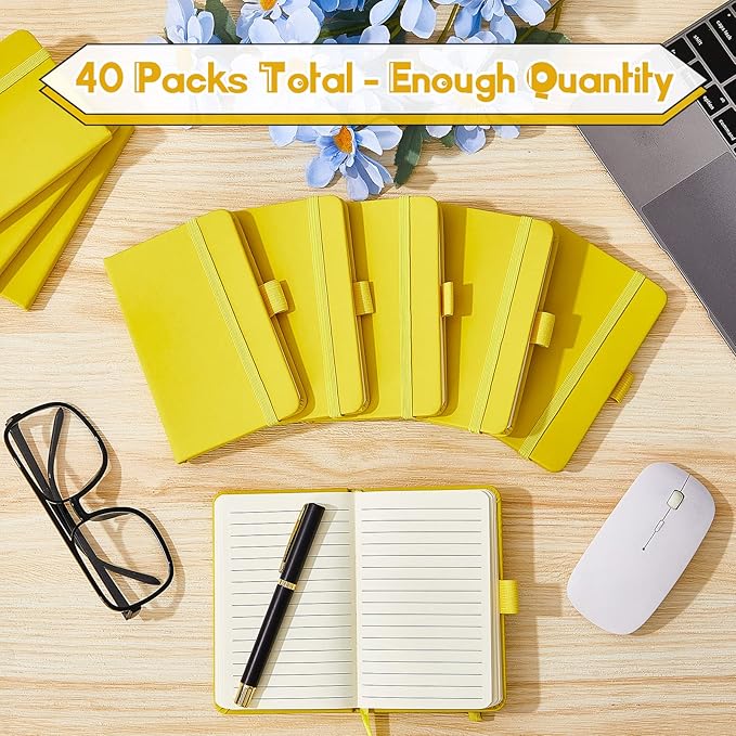 40 Pieces Small Notebooks A6 Pocket Journals 3.5 x 5.5 Inch Small Leather Notebook Mini Ruled Lined Journal with Elastic Band Pen Holder Page Marker Ribbons (Yellow)