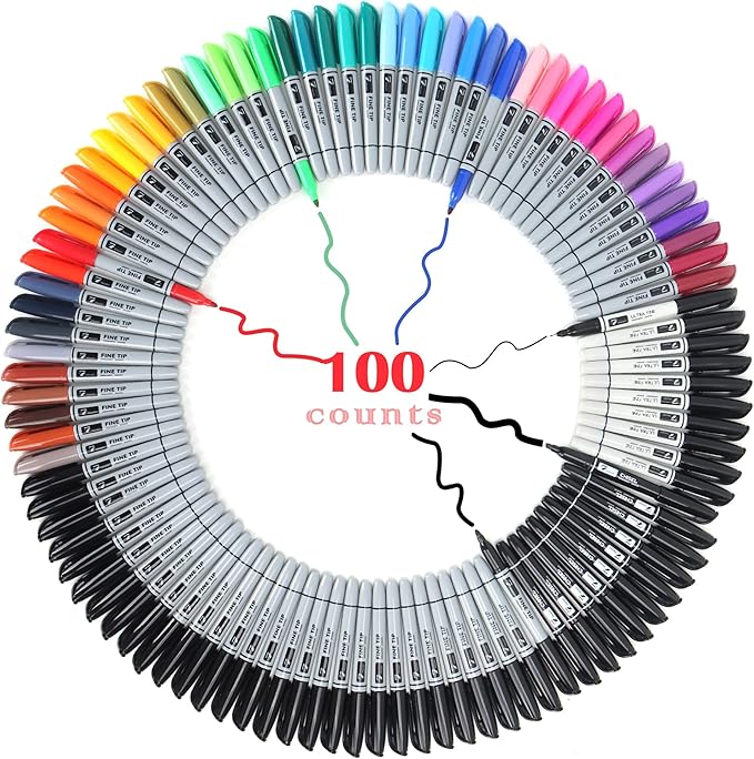 100 Permanent Markers Bulk - 50 Assorted Colors + 50 Black Drawing Marker Pens Set, Waterproof Quick Drying Colored Art Markers for Classroom Office School Store Supplies