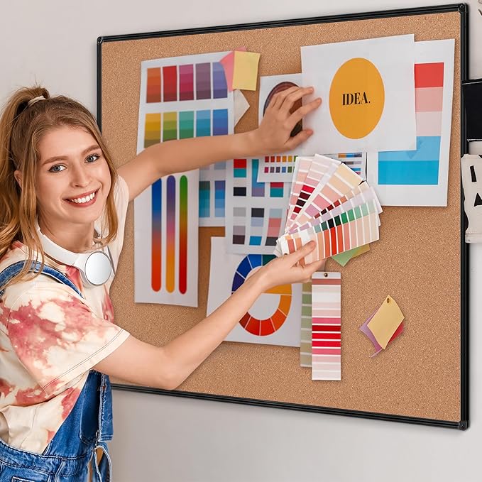 Board2by Extra Large Cork Bulletin Board 48" X 48", Black Aluminum Framed 4'x4' Corkboard for Wall, Wall Mounted Notice Pin Board with 18 Push Pins for School, Home & Office