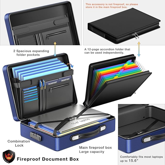 Fireproof Document Box with Fireproof Zipper, Hard Inner Shell Fireproof Document Bag with Lock, Fireproof Water Resistant Important Document Organizer 16 inch Laptop File Briefcase (Blue)