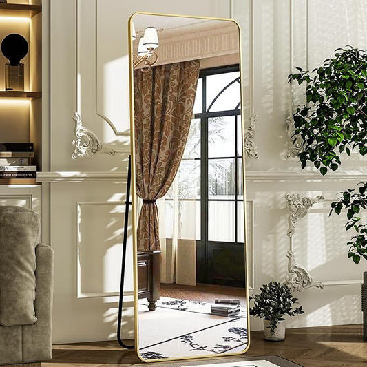 HARRITPURE 56" x 21" Rounded Full Length Mirror Aluminum Frame Gold Mirror Full Length Floor Mirror with Stand for Living Room Bedroom Cloakroom