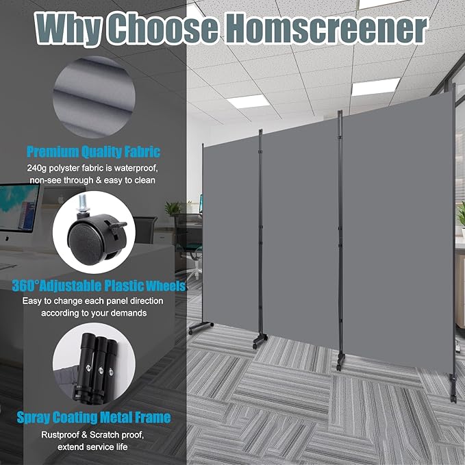 Room Divider Folding Privacy Screens with Wheels, 6FT Tall Divider for Room Separation, 3 Panel Movable Room Partitons and Dividers, Indoor Room Dividers Panel with Non-See Through Fabric for Office