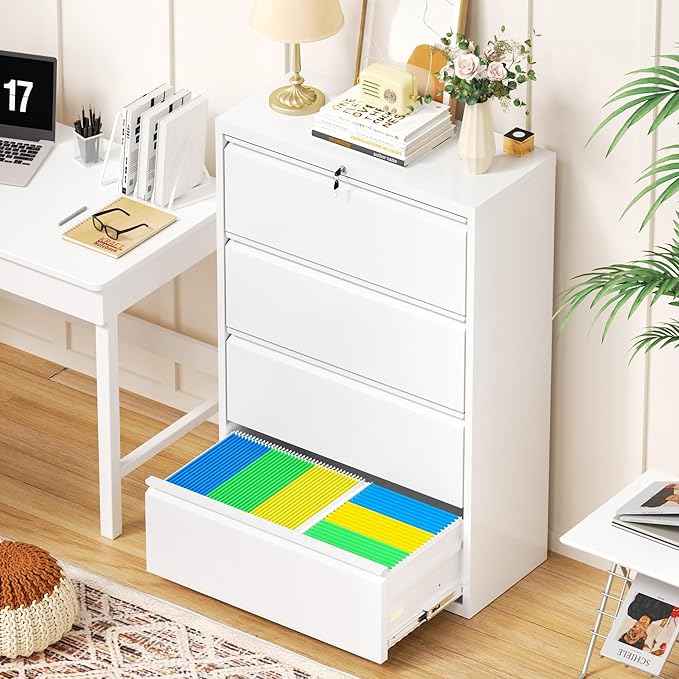 Crownland Lateral File Cabinet with 4 Drawers, 36" W Metal Lockable Office File Cabinets for Home Office- Stores Letter/Legal/A4/F4 Files(White)