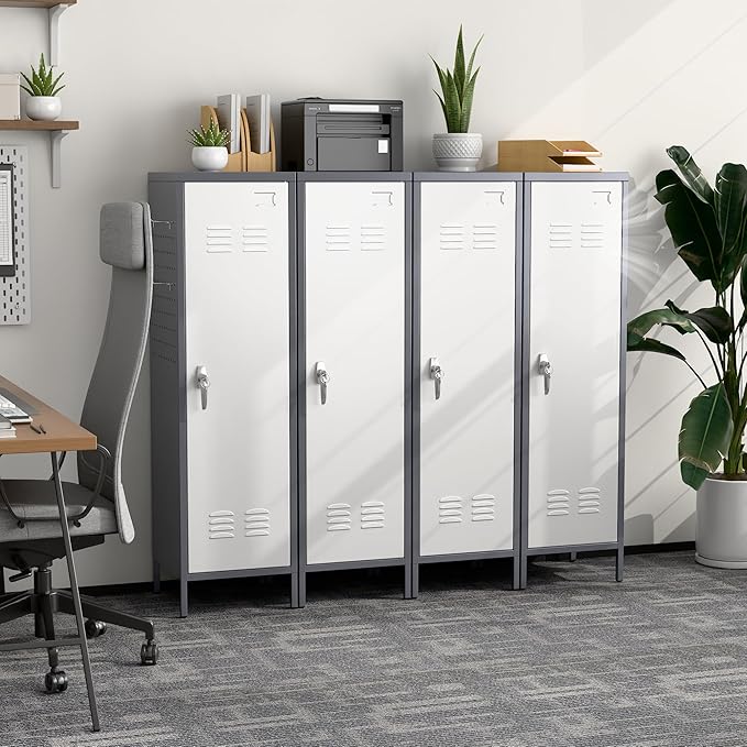 Aobabo Metal 54" H Metal Storage Locker for Employees, Lockable 1 Door with Towel Rack and 2 Side Pegboards with Hooks for Home School Office Gym, Assembly Required (Gray White)
