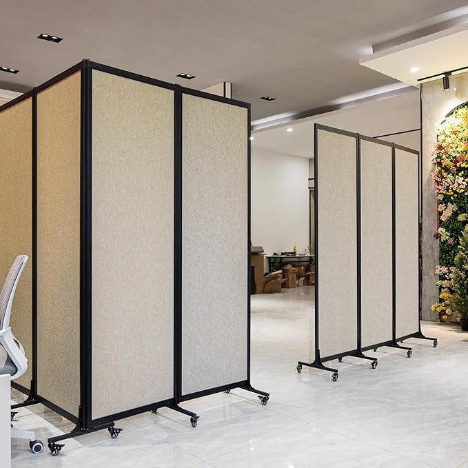 Upgrade Version Room Partition and Divider, Freestanding Rolling Dividers with Wheels,Office Privacy Screen Divider Wall,Classroom Felt Dividers,6'L* 6'7"H,3 Panel,Beige