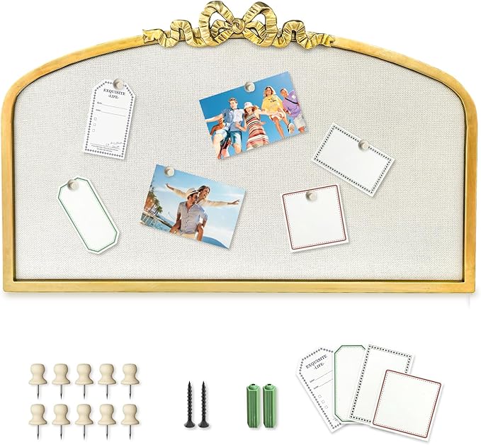 Vintage Arched Linen Cork Board with Gold Bowknot – Decorative Bulletin Board for Walls, Iron Frame Pin Board for Notes, Photos & Reminders, Elegant Vision Board for Home & Office 24"x 15"