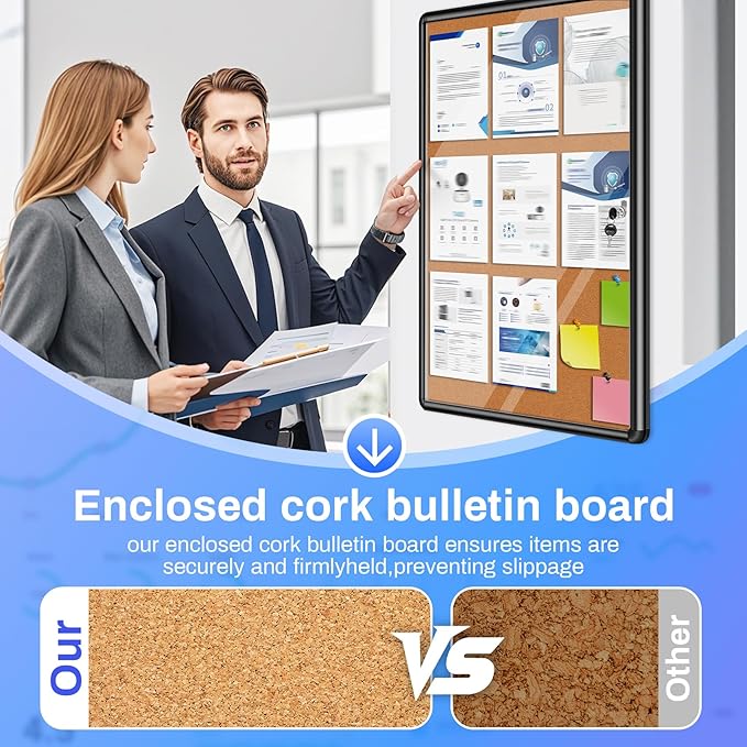 Magula 36"x24" Enclosed Cork Bulletin Board Tamper-Proof Dispaly Case, Black Aluminium Frame, Shatter Resistant Lockable Bulletin Board, Enclosed Cork Board for School, Office,Commercial,Hospital etc