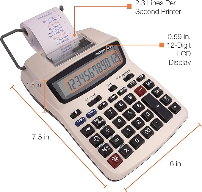 Victor Printing Calculator, 1208-2 Compact and Reliable Adding Machine with 12 Digit LCD Display, Battery or AC Powered, Includes Adapter,White