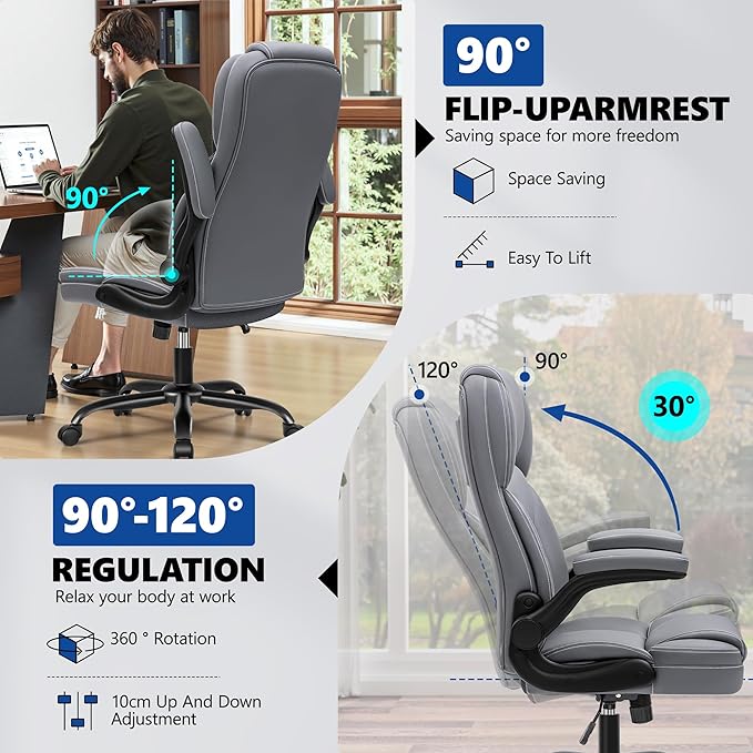 PU Leather Executive Office Chair, Ergonomic High-Back Computer & Gaming Chair with Adjustable Height, Rolling Swivel & Flip-Up Armrests, Comfy Padded Seat for Home Office-Gray
