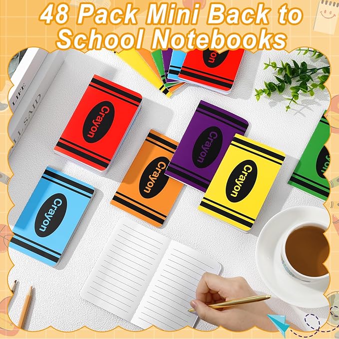 48 Pack Mini Crayon Notebooks Back to School Bulk Favor Crayons Pattern Small Journals Pocket Notepad Cute Notebook for Students Teacher Appreciation Gift First Day of School Classroom Prize 5x3 Inch