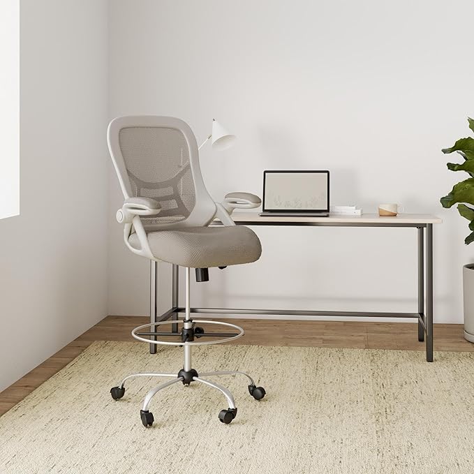 HYLONE Drafting Chair, Tall Office Chair Standing Desk Stool with Adjustable Foot Ring, Flip-Up Arms, Mesh High-Back Drafting Table Chair, White & Grey