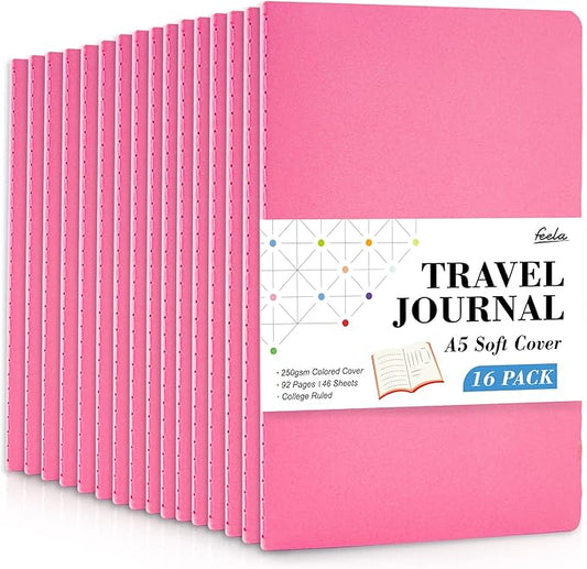 16 Pack Soft Cover Journal Bulk, Feela Lined Notebooks College Ruled for Work for Women Girl Writing, Blank Travel Journal Note Taking Notebook School Business Supplies, 8.2” x 5.5”, A5, Berry