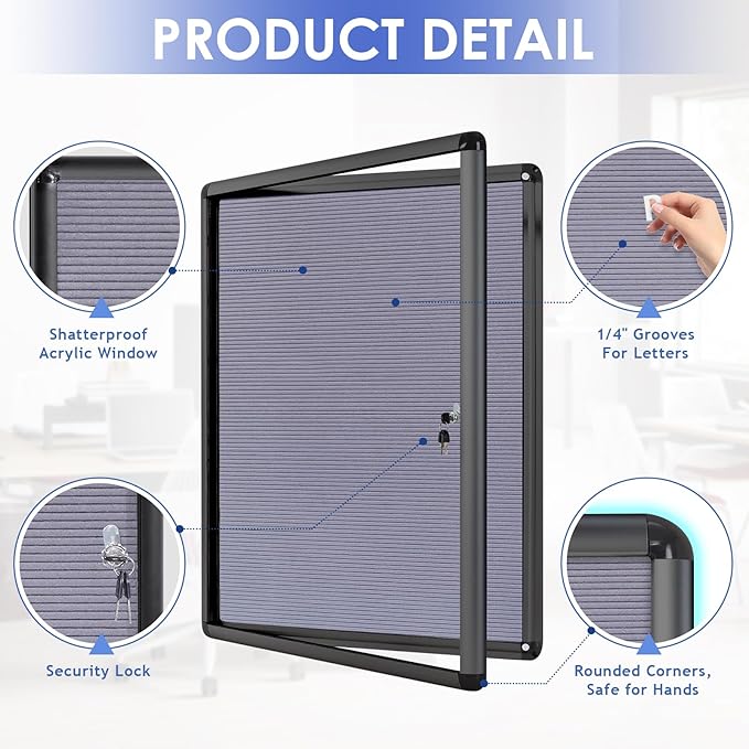 SWANCROWN Enclosed Bulletin Board with Locking Door 38x28 in, Lockable Felt Letter Board Sign Tamperproof Message Board for Office School Home, Black Aluminum Frame, Grey