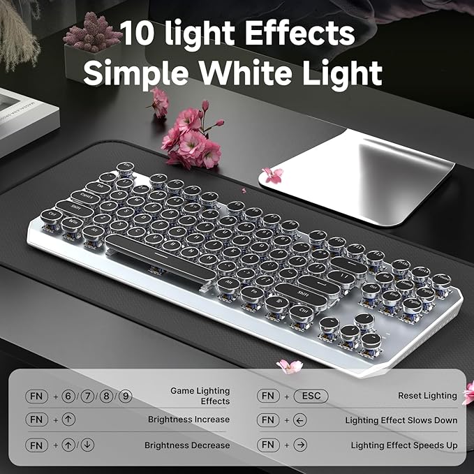 EWEADN Wireless Mechanical Typewriter Keyboard,80% Layout with White Backlit, Anti-Ghosting, Blue Switch Bluetooth/2.4GHz/USB-C Aesthetic Keyboard-Black