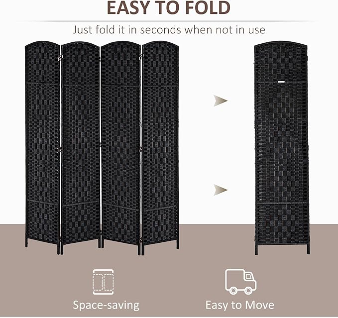 HOMCOM Room Divider 4 Panels Folding Privacy Screen 6FT Tall Portable Wicker Weave Partition Wall Divider for Bedroom Home Office, Black