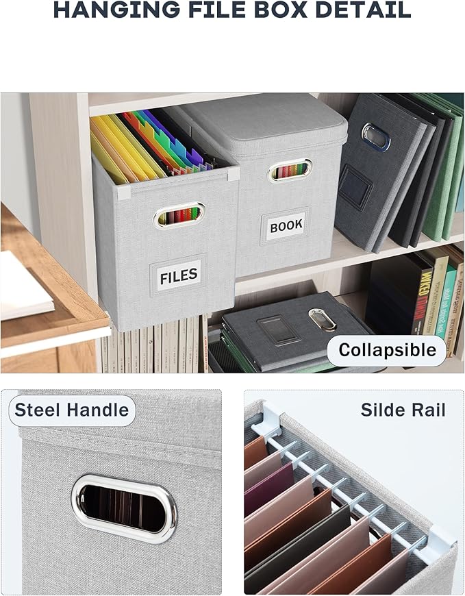 Oterri File Organizer with Lid, Hanging Filing Box with Mesh Pocket, Document Organizer for Letter Files, Portable Storage Box with Smooth Sliding Rail for Office & Home (1 PCS, Light Grey)