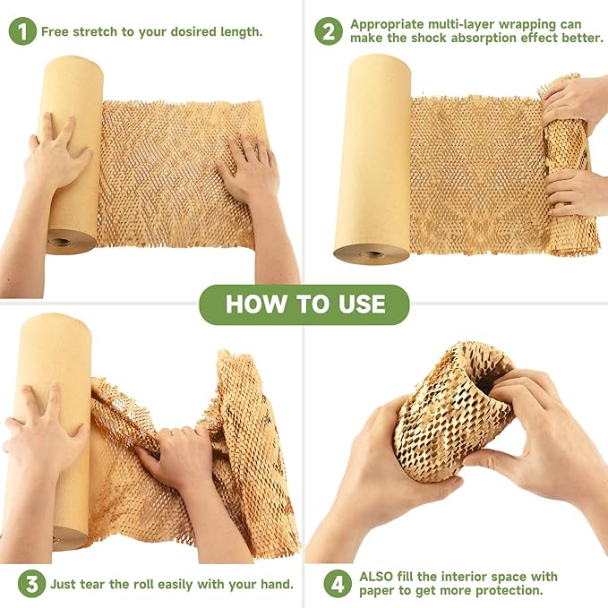 Honeycomb Packing Paper Wrap 15''x600', Substitute Alternative for Bubble Cushioning Wrap for Moving Shipping Packaging, Recyclable Moving Supplies with 48 Fragile Sticker Labels