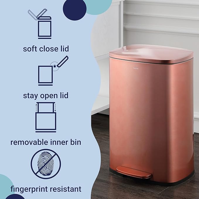 happimess HPM1006D Connor Rectangular Trash Can with Soft-Close Lid and Free Mini Trash Can, Modern Fingerprint Proof for Home, Kitchen, Office, Large:12.98 Gallon Small:1.3 Gallon, Rose Gold