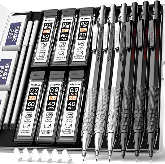 Nicpro 0.5 & 0.7 & 0.9 mm Metal Mechanical Pencil Set with Case, 6PCS MP1000 Artist Lead Pencil with 12 Tubes HB & 2B Lead Refills, 3 Erasers For Architect Art Writing Drafting Sketching Drawing