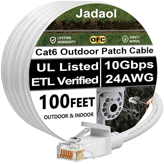 Cat 6 Outdoor Ethernet Cable 100 ft, Support Cat8 Cat7 Network, 10Gbps 24AWG by Jadaol