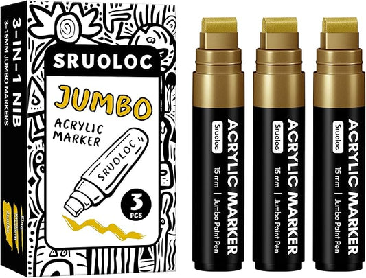 3 Jumbo Permanent Markers Gold, 15mm Thick Wide Tip, Large Acrylic Paint Markers for Rock Painting, Poster, Stone, Ceramic, Glass, Wood, Canvas