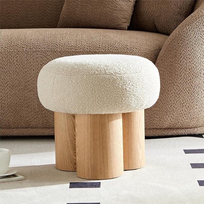 MEETAKING Small Round Foot Stool, Teddy Fabric Footrest Ottoman Stool with Non-Skid Legs, Modern Footstools Step for Couch, Desk, Office, Living Room (Beige)