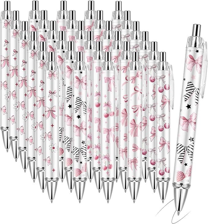 30Pcs Cute Pink Bow Pens Coquette Bow Ballpoint Pens Retractable Ballpoint Pens for Writing Journal Taking Notes School Office Home (Bow, 30)