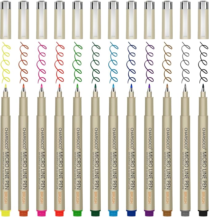 Arts Sign Brush Pen, Felt Tip Water Based Ink with 12 Colors, for Journaling, Lettering, Calligraphy, Technical Drawing and Scrapbooking