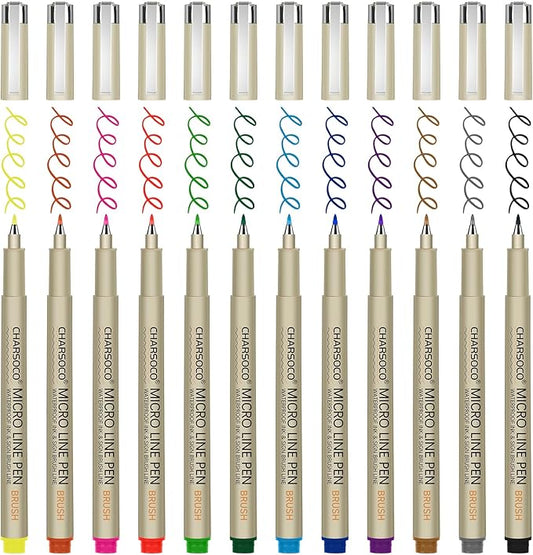 Arts Sign Brush Pen, Felt Tip Water Based Ink with 12 Colors, for Journaling, Lettering, Calligraphy, Technical Drawing and Scrapbooking