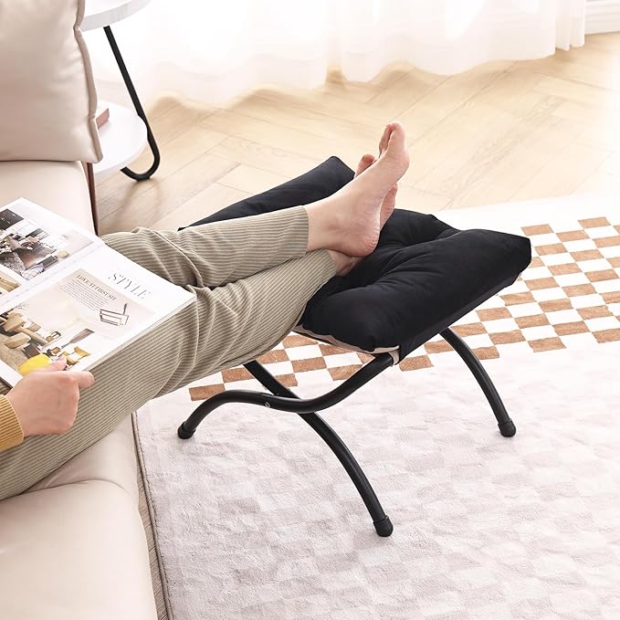 LITA 2 Pcs Folding Upholstered Footrest Stool, Modern Small Portable Accent Ottoman with Detachable Thick Cotton Cushion, Padded Sofa Stool with Metal Frame, Living Room & Bedroom,Velvet Black